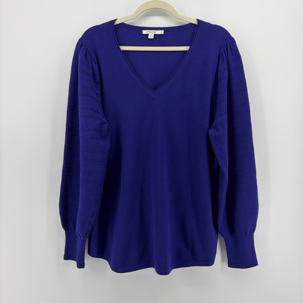 Chico's Womens XL Purple V-Neck Sweater Cashmere Blend Textured Balloon Sleeve